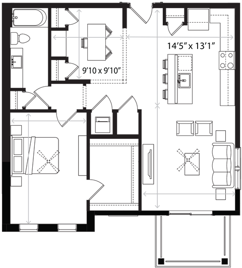 Floor plan for 1 bed, 1 bath, 1012 sqft